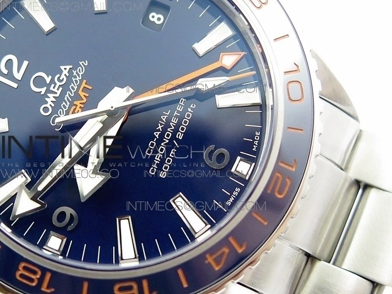 Planet Ocean 600M Co-Axial GMT 43.5mm VSF 1:1 Best Edition Blue Dial Blue Ceramic Bezel on SS Bracelet A8605 Super Clone